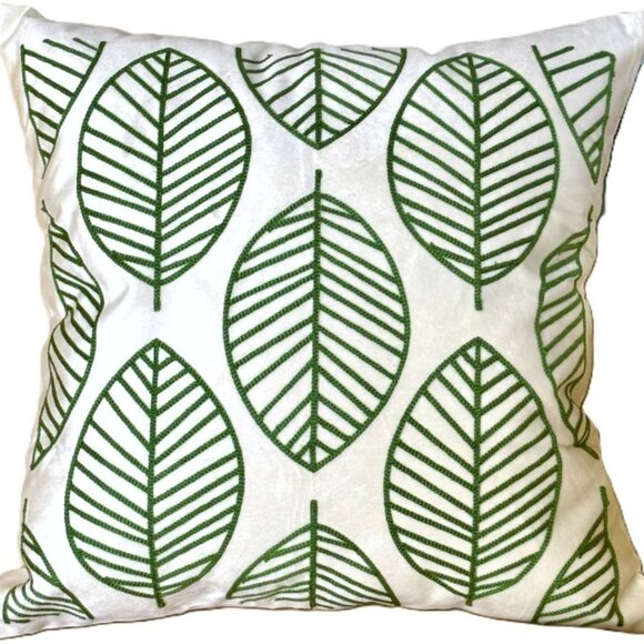 18x18 Contemporary Embroidered Green Leaf Leaves Off-White Throw Pillow Cover - Picture 1 of 3